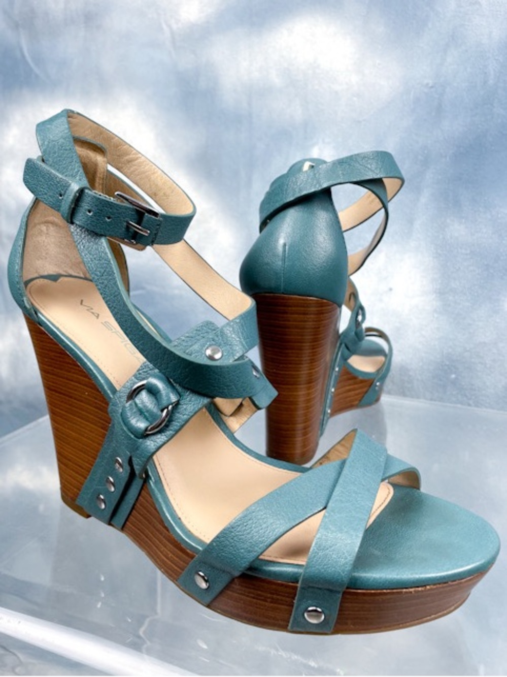 Via Spiga Mercato Teal Leather Platform Wedge Studded Sandals 9